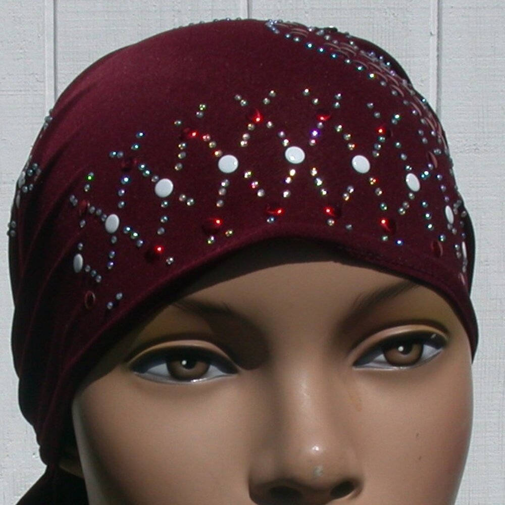 BURGUNDY Pre-Tied Stud Chemo Cap Slip On Bonnet Hijab Undercap # 3